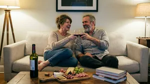 Een lachend stel van middelbare leeftijd geniet 's avonds op de bank van een glas rode wijn.