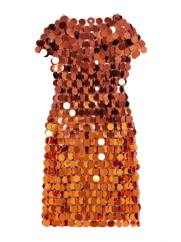 Oranje jurkje van Rabanne met pailletten.