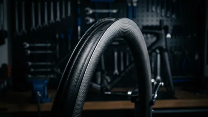 Close-up van een moderne carbon racefietsvelg met een duidelijk zichtbare opstaande rand ('hook') aan de binnenkant. De velg staat in een donkere werkplaats met gereedschap op de achtergrond.