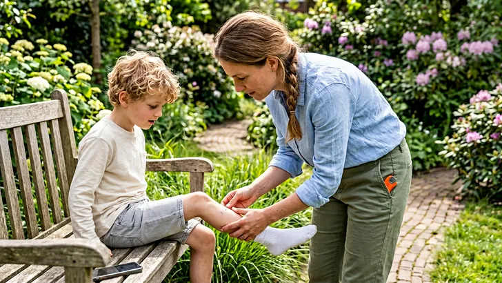 Moeder controleert haar kind zorgvuldig op teken na het spelen in de tuin