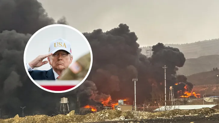 Een brandend olieveld in Teheran (inzet: president Trump)
