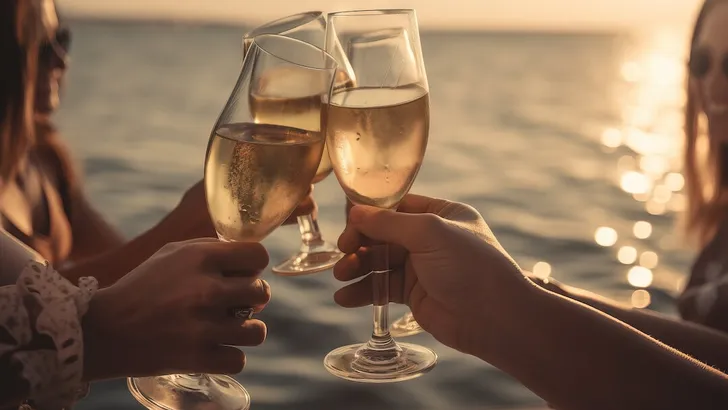 a group of people toasting with wine glasses in front of a body of water.  generative ai