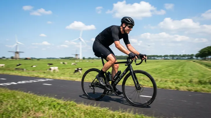 Een gefocuste wielrenner in een strakke, zwarte outfit fietst op een zonnige Nederlandse polderweg met weilanden en windmolens op een licht bewogen achtergrond die snelheid suggereert.