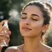 Vrouw hydrateert haar gezicht.