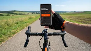 Een fietser houdt een smartphone met een Strava-app vast boven het stuur op een landweg.