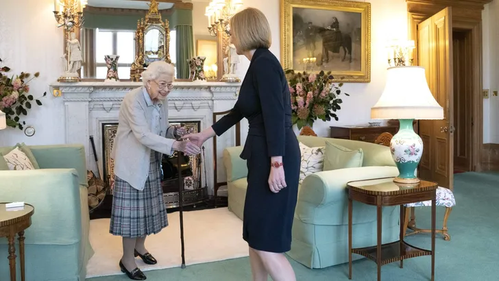 Queen Elizabeth II welcomes Liz Truss during an audience at Balmoral