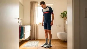 Mannelijke wielrenner op een weegschaal die verbaasd kijkt naar zijn gewicht na het fietsen.