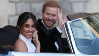 Meghan Markle leaving Windsor Castle with Prince Harry after their wedding to attend an evening reception at Frogmore House