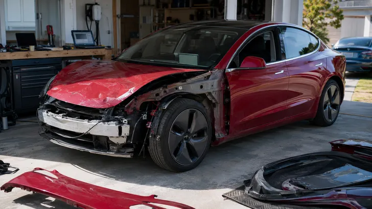Zwaar beschadigde rode Tesla Model 3 staat in een particuliere garage