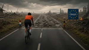 Een wielrenner gezien van achteren rijdt over strak Nederlands asfalt richting de grens met België. Bij het grensbord verandert de weg abrupt in slecht, gebarsten asfalt vol gaten dat zich uitstrekt over de hele breedte van de weg.