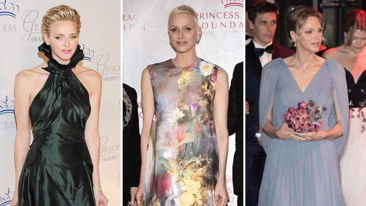 Drieluik foto's van prinses Charlene, links in 2013, midden in 2022 en rechts in 2025.