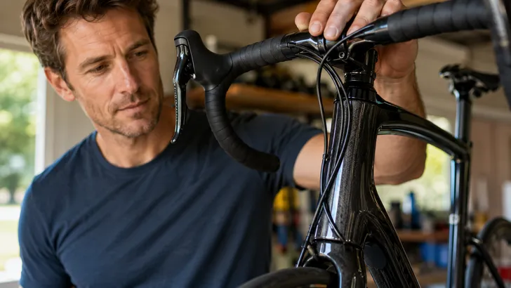 Een close-up van de voorkant van een racefiets in een garage, waarbij de kabels duidelijk tegen het glanzende carbon frame rusten.