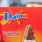 Tyumen, Russia-june 08, 2021: Brand Daim originated from Sweden. Chocolate cake with crunchy caramel