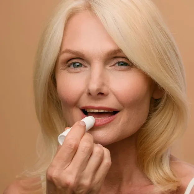 Vrouw brengt lipbalm aan op lippen.