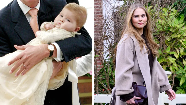 Prinses Amalia's 21e verjaardag. Tweeluik foto's: links Amalia op de arm bij vader Willem-Alexander bij haar doop in juni 2004. Rechts Amalia tijdens de winterfotosessie in 2024.