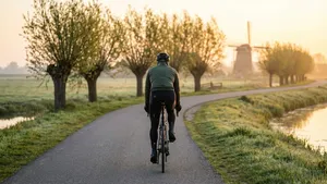 Een wielrenner in winterkleding rijdt tijdens de zonsopkomst over een rustig fietspad langs een kanaal en knotwilgen in een Nederlands polderlandschap met een molen in de verte.