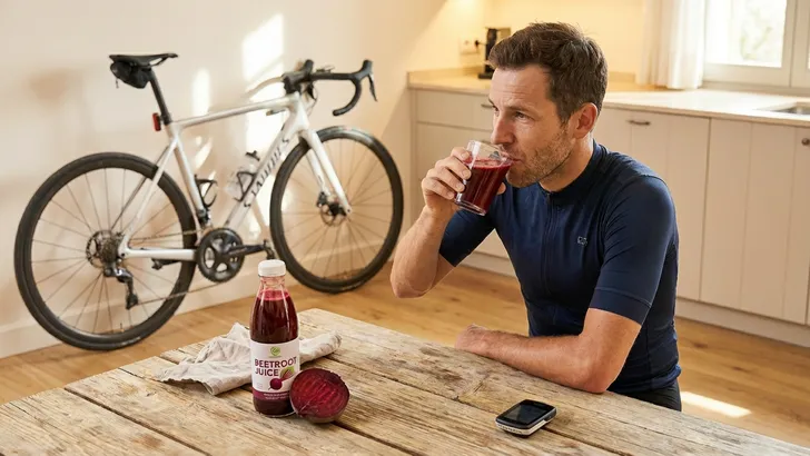 Een wielrenner in volledige uitrusting, inclusief helm en zonnebril, drinkt lachend een glas rode bietensap aan een houten tafel met een fles bietensap, een halve biet en een fietscomputer. Op de achtergrond staat een racefiets.