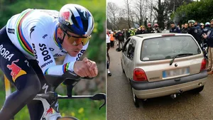 Splitafbeelding van twee wedstrijden die het wielrennen van deze week belichamen. Links Remco Evenepoel op de tijdritfiets, rechts een auto die het peloton in is gereden.