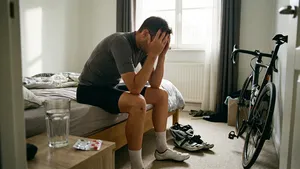 Wielrenner in fietskleding zit vermoeid op de rand van een bed met het hoofd in de handen, terwijl het ochtendlicht door het raam schijnt.