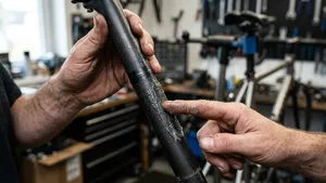 Close-up van een hand die carbonpasta smeert op een zadelpen voorzien van een stukje tape als hoogtemarkering.