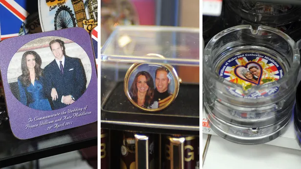 Drieluik foto's van kitscherige souvenirs rond de royal wedding van prins William en prinses Kate.
