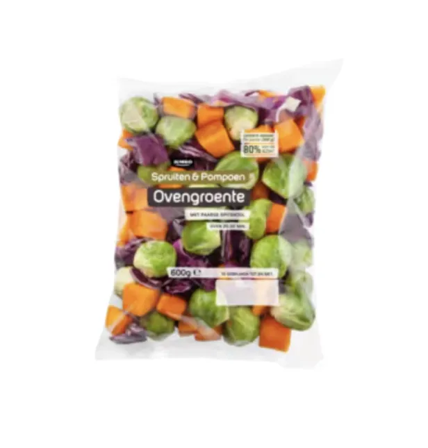 Zak Ovengroente spruitjes, pompoen en rode ui.