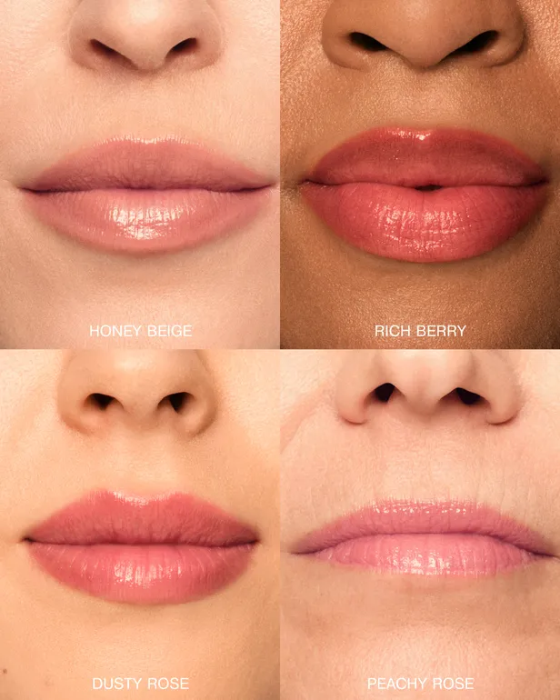 De vier kleuren van Meroda's Hydrating Lip Tint op de lippen: Honey Beige, Rich Berry, Dusty Rose en Peachy Rose