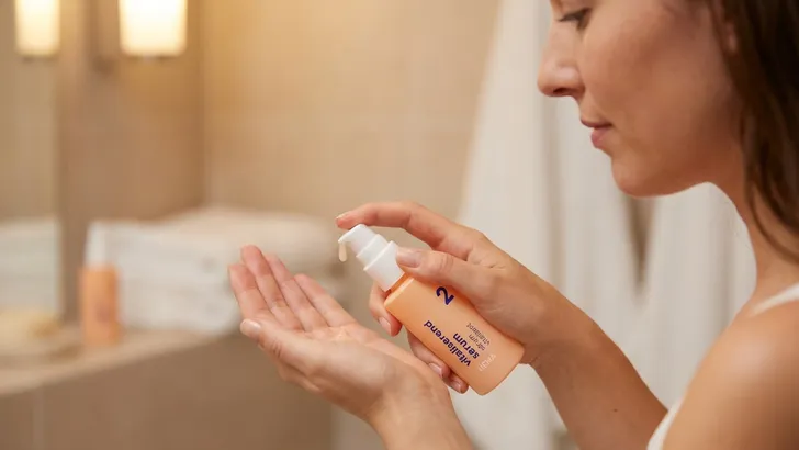 Een vrouw met een zachte, onscherpe badkamer op de achtergrond pompt een beetje gezichtsserum uit een wit-roze flesje op haar vingertop.