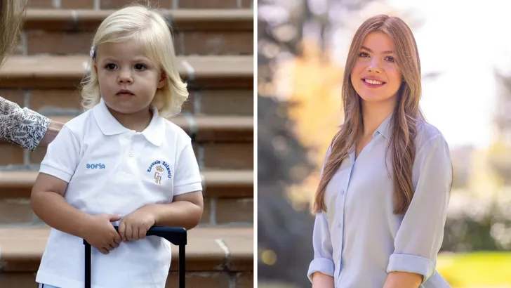 Tweeluik foto's van prinses Sofía van Spanje. Links op driejarige leeftijd, rechts een portret voor haar 18e verjaardag.