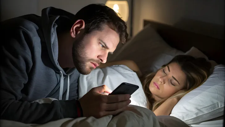 Ter illustratie: een man die stiekem in de telefoon van zijn vriendin kijkt.