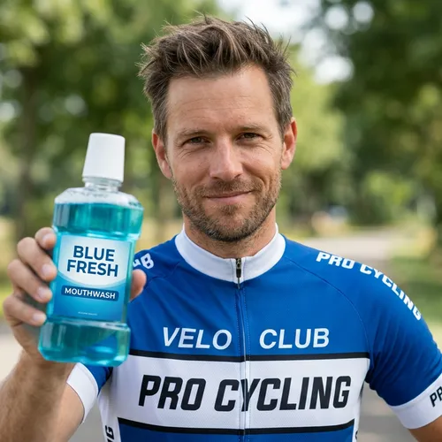 Mannelijke wielrenner in professionele fietskleding, zonder helm, lacht zelfverzekerd terwijl hij een fles felblauwe mondspoeling naar de camera houdt, met een wazige buitenomgeving op de achtergrond.