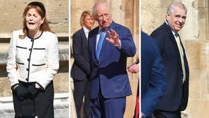 Drieluik foto's van Britse royals bij paasdienst te Windsor in april 2025. Links Sarah Ferguson, midden koning Charles, en rechts prins Andrew.
