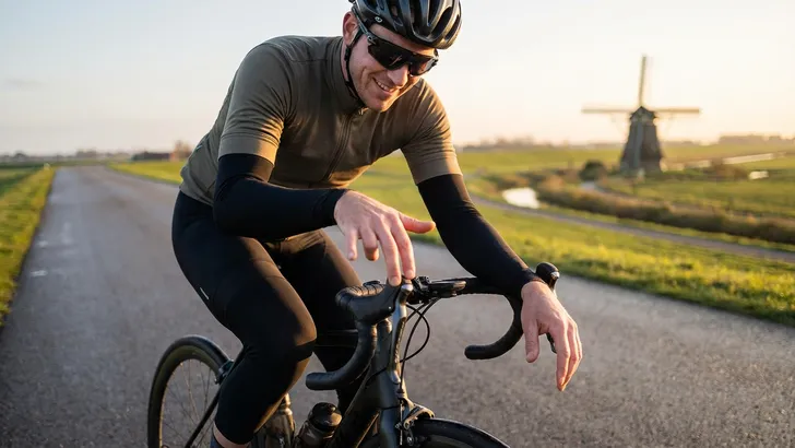 Een mannelijke wielrenner die de piano-test uitvoert op zijn racefiets om te controleren of zijn armen en schouders ontspannen zijn tijdens een rit door de polder.