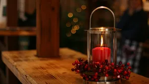 Low budget kerstversiering: een rode kaars met besjes voor een betaalbaar kerstgevoel.