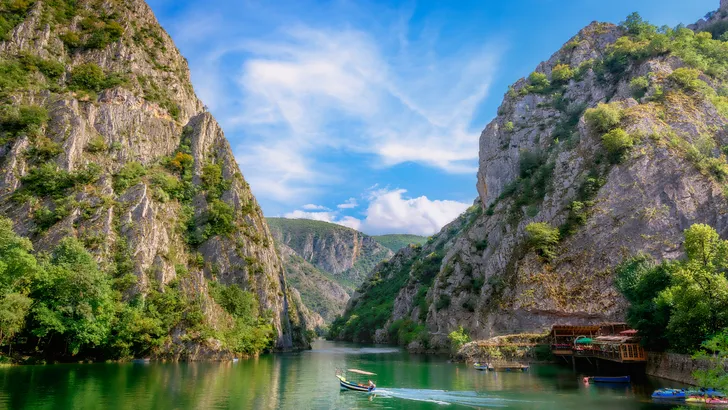 Matka canyon in Macedonia near Skopje, boat on the lake. 