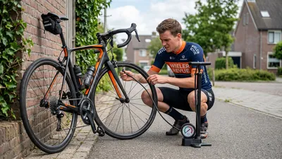 Een mannelijke wielrenner in fietskleding, zonder helm, staat in een typisch Nederlandse stenen fietsschuur en buigt zich over het voorwiel van zijn racefiets, waarbij hij naar de onrealistisch hoge druk op de meter van zijn fietspomp kijkt.