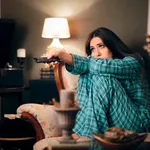 Girl Wearing Pajamas Watching TV in her Room