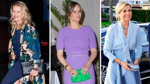 Royal dames met gevlochten handtassen van Bottega Veneta. – Drieluik foto's met links prinses Mabel, midden prinses Sofia van Zweden en rechts koningin Máxima. Elk hebben zij een ander exemplaar van een gevlochten Bottega Veneta handtas.