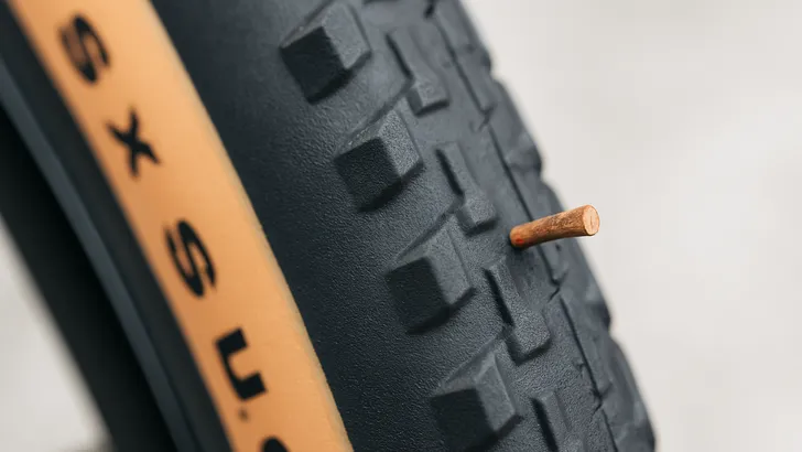 Close-up van een zwarte fietsband met grove profielblokken en een bruine zijwang, waarin een kleine taps toelopende doorn gedeeltelijk in het rubber steekt tegen een lichte, onscherpe achtergrond