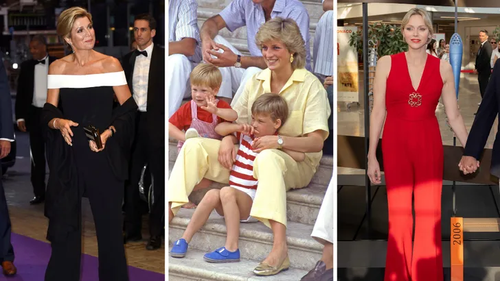 Zo draag je een jumpsuit als de royals – Drieluik foto;s. Links koningin Máxima in september 2017, midden prinses Diana in 1986 en rechts prinses Charlene in 2024.