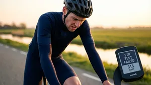 Gefrustreerde wielrenner leunt op zijn stuur en kijkt vol onbegrip naar zijn fietscomputer na een zware training.