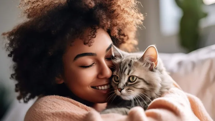 Beautiful young african american woman with fluffy cat at home