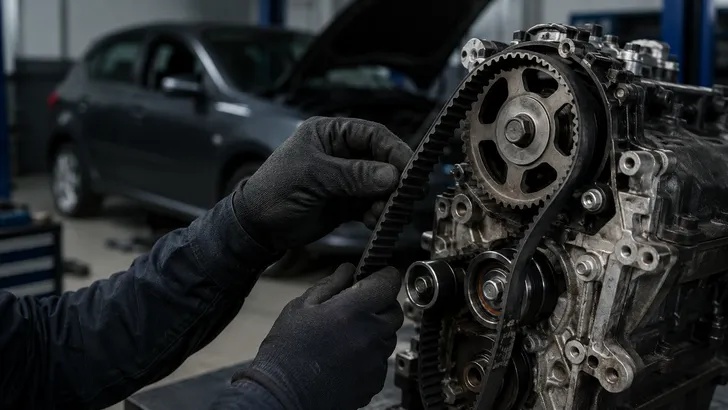 Monteur inspecteert een getande distributieriem op een geopend motorblok