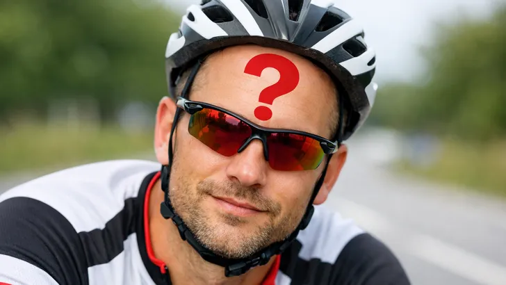 Een wielrenner die onbewust zijn fietshelm verkeerd draagt, te ver naar achteren, met een groot rood vraagteken over zijn onbeschermde voorhoofd om de potentiële fout aan te duiden.