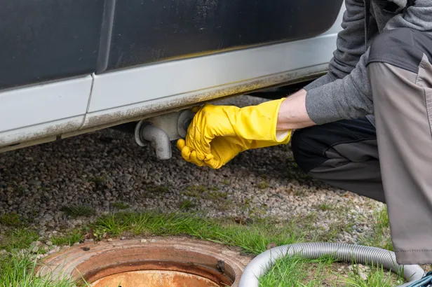 Grijswatertank van de camper legen bij het lozingspunt van de camping