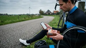 Een wielrenner zit langs de kant van de weg met een kapotte fietsband en twijfelt tussen zijn telefoon en een bankbiljet in zijn portemonnee als oplossing.