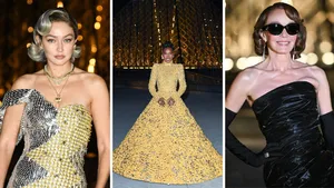 Favoriete looks van het Grand Dîner du Louvre. – Drieluik foto's van sterren bij het Grand Dîner du Loure, met van links naar rechts Gigi Hadid, Doechii en Philippine Leroy Beaulieu.