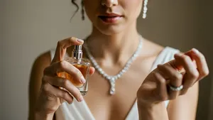 Foto van vrouw die parfum op pols sprayt.