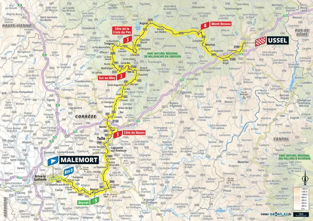 Gewijzigde map parcours etappe 9 Tour de France 2026.