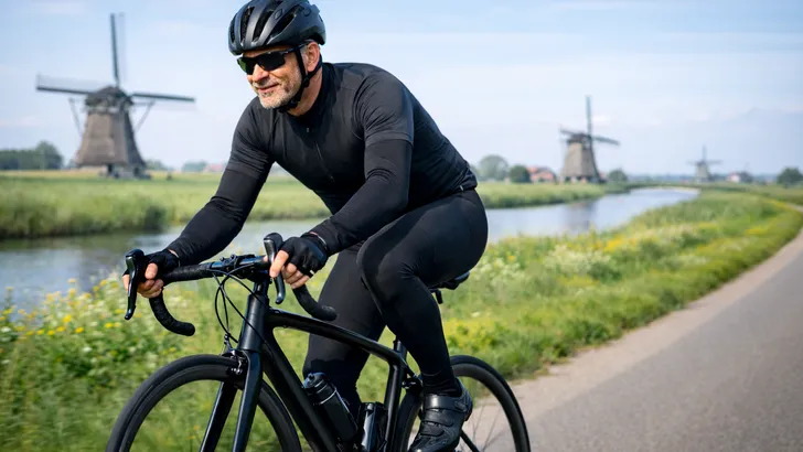 Mannelijke wielrenner van rond de 50 fietst op een racefiets door een groen Nederlands polderlandschap met windmolens.